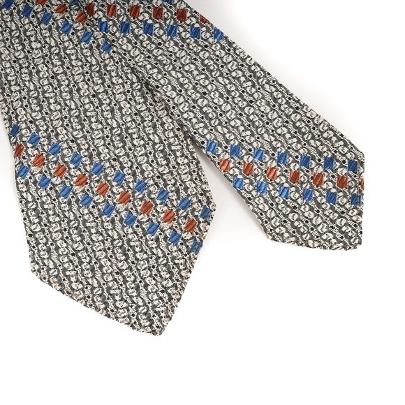 Unbranded Grey Geometric Pattern Silk W/small Blue and Brown Diamond Pattern Tie - Picture 4 of 6